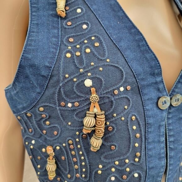 Monique Fashions Denim Jean Boho Vintage Studded Beaded Fringe Vest Western - Picture 7 of 10